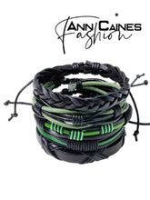 Load image into Gallery viewer, Men’s Green/Black 5 Stacked Vegan Leather Bracelet | Stylish Accessory
