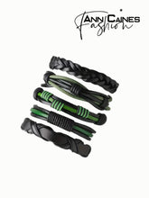 Load image into Gallery viewer, Men’s Green/Black 5 Stacked Vegan Leather Bracelet | Stylish Accessory
