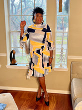 Load image into Gallery viewer, Flaring Work Ann Yellow Striped Pleated Dress
